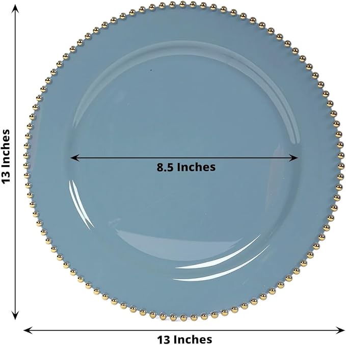 Efavormart 10-Pack Economy Plastic Charger Plates 13" Round Dusty Blue with Gold Beaded Rim - Stylish Dinner Party Serving Plates
