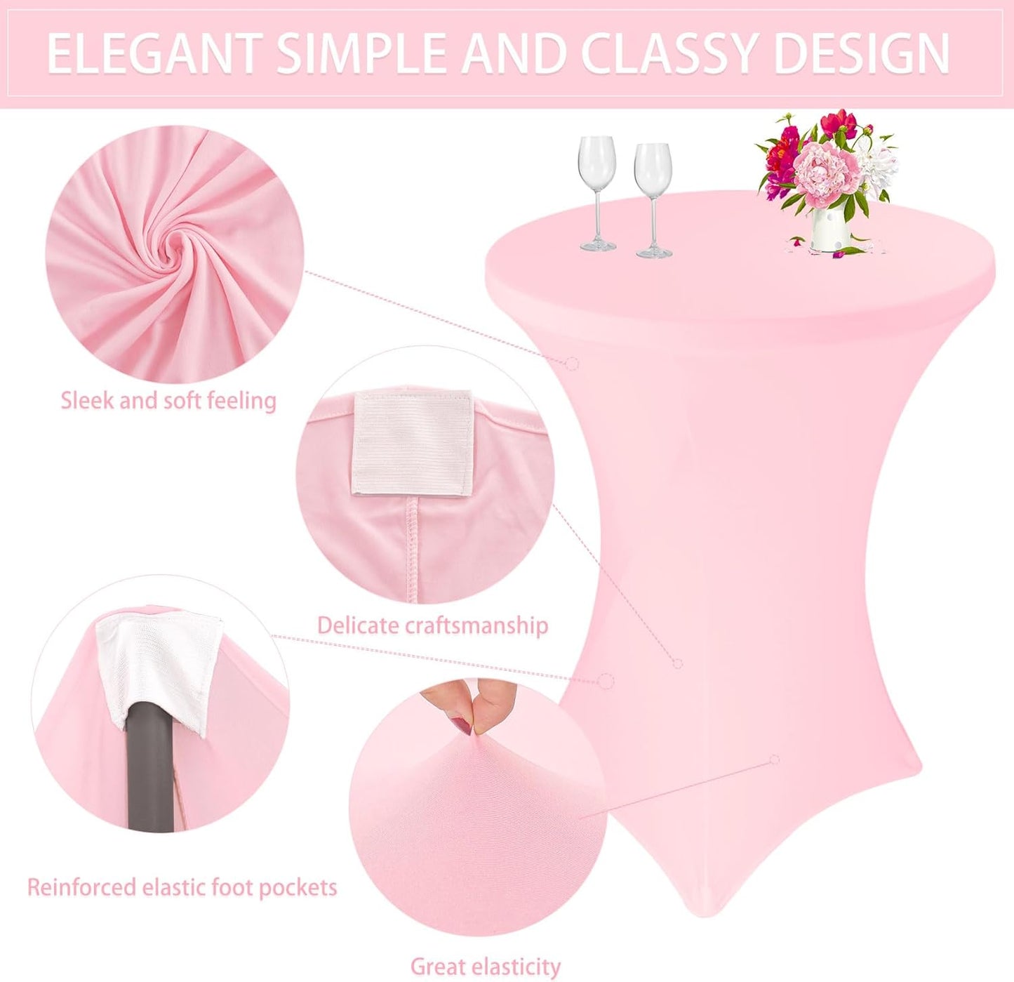 6 Pack Cocktail Spandex Tablecloth 32"x43" Pink Stretch Square Corners Cocktail Table Cover Fitted High Top Round Table for Bar Wedding Birthday Party Banquet