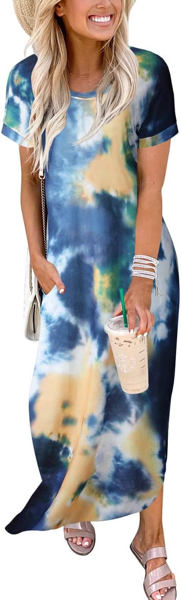 ANRABESS Womens Summer Maxi Dress Short Sleeve Casual Loose Long T Shirt Dresses Split Vacation Beach Sundress Travel Outfits