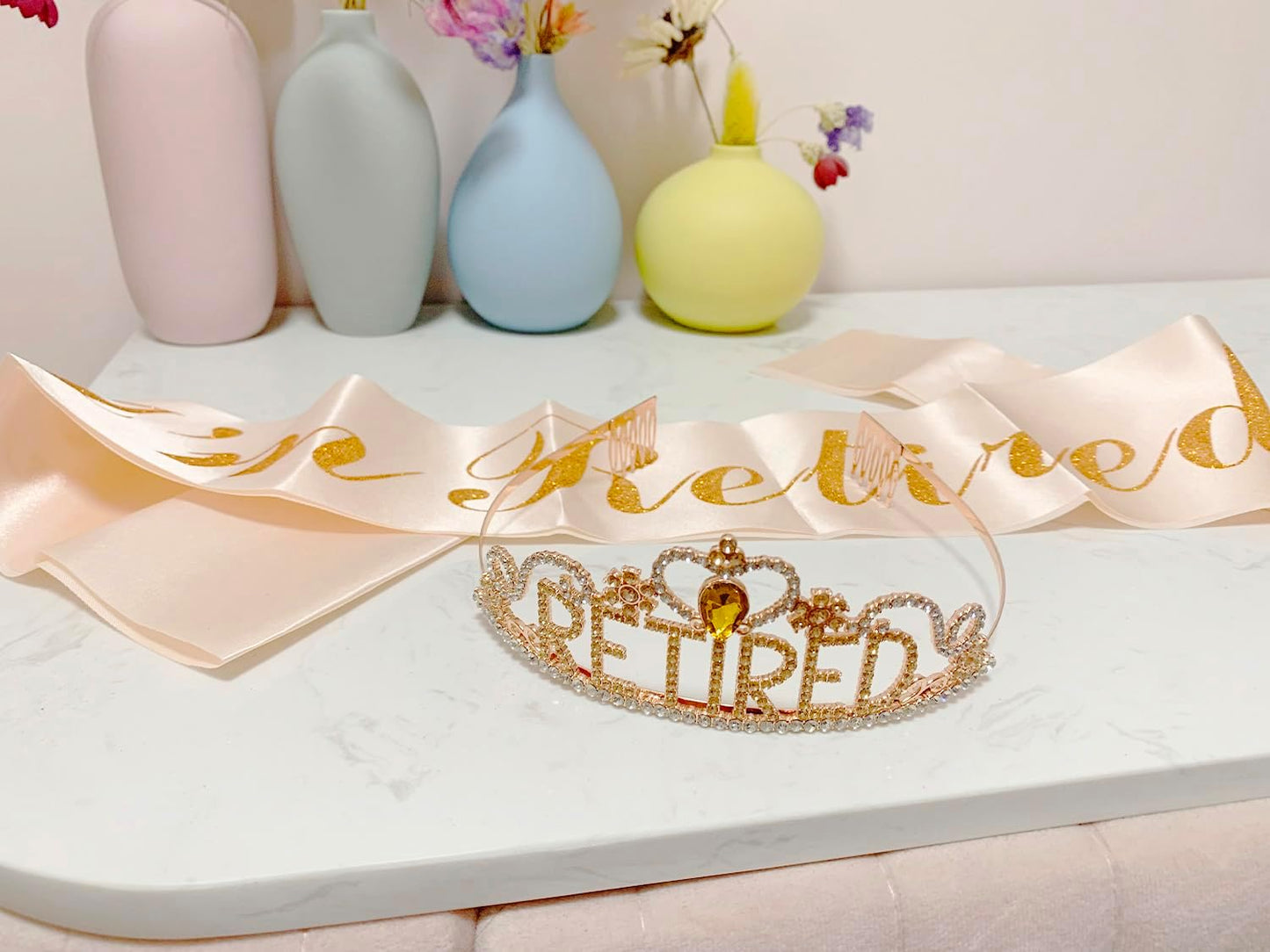 JETKONG Retirement Party Decorations Retired Tiara/Crown, Retired Sash for Women Retirement Gifts, Retirement Party Supplies, Gifts, Favors (Rose Gold)