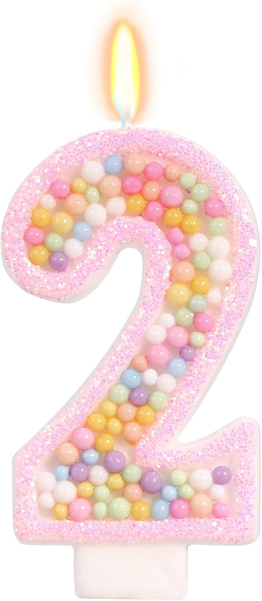 Pink Birthday Candles - Number 2 Candle, Colorful Macaron Candles, 2 Cake Topper, Pink Birthday Decorations for Girl, Sweet Theme Birthday Party Supplies