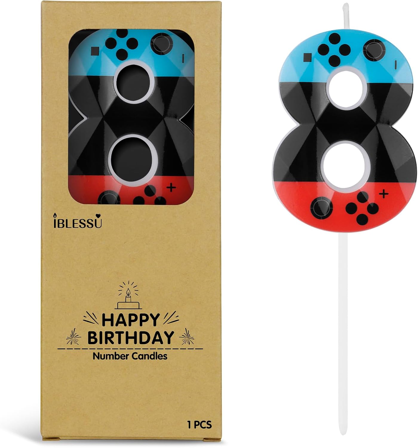 Number 8 Level Birthday Candles, 2.68 inch Gamer Candles, Red Blue Birthday Candles, Game Controller Gamepad Candles,Video Game Controller Themed Kids Boy Girl Party Supplies