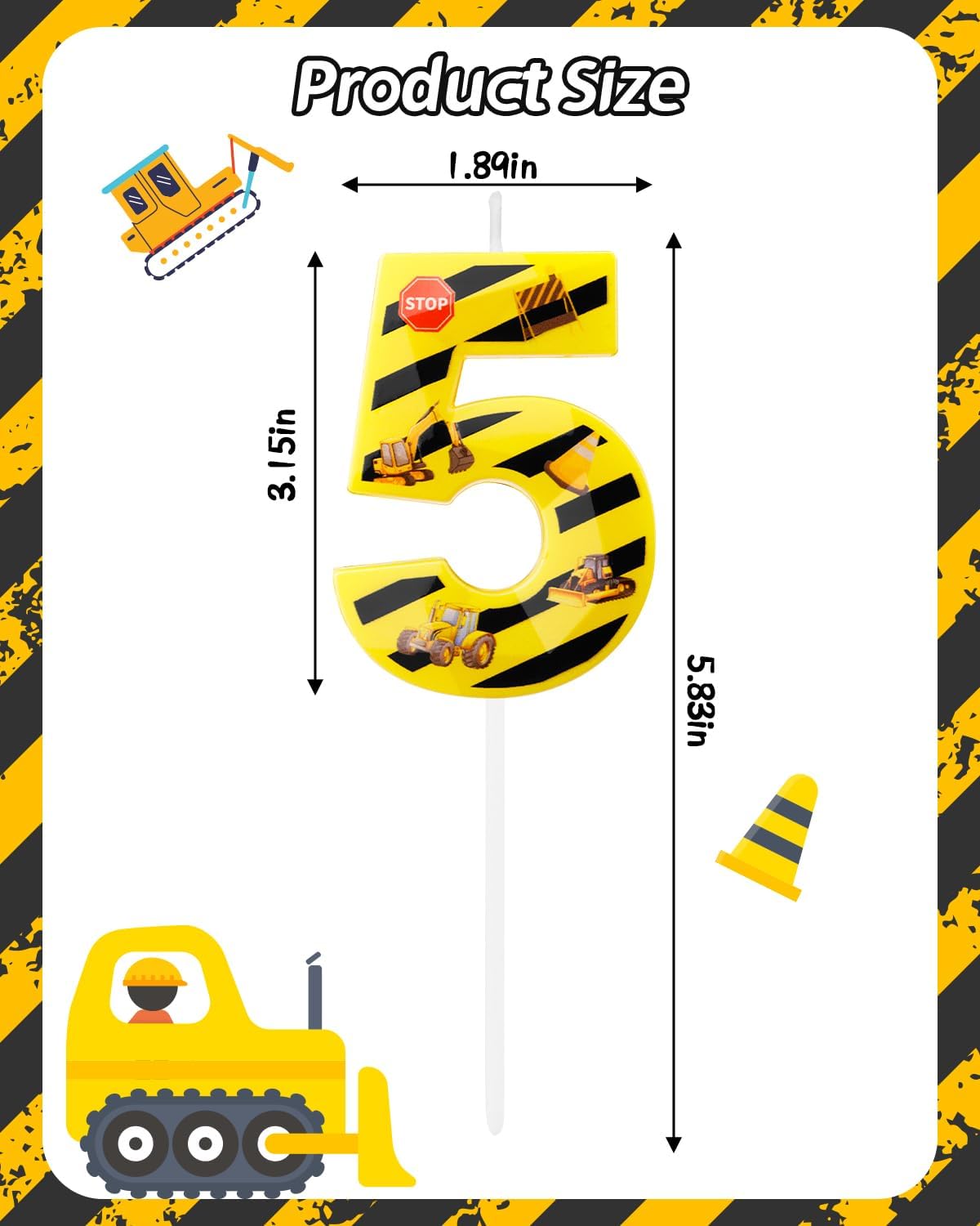 Number 5 Construction Birthday Candle, 2.68 Inch Yellow and Black Striped Candle, Birthday Candles Numbers Construction Cake Topper for Boys Girls, Construction Birthday Party Supplies Decorations