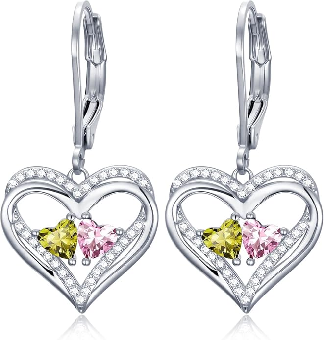 Valentines Day Gifts for Women, Heart Leverback Earrings Double Birthstone Dangle Earrings for Women, Love Jewelry for Her, Anniversary Birthday Gift for Mom Wife Girlfriend