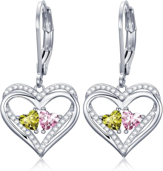 Valentines Day Gifts for Women, Heart Leverback Earrings Double Birthstone Dangle Earrings for Women, Love Jewelry for Her, Anniversary Birthday Gift for Mom Wife Girlfriend