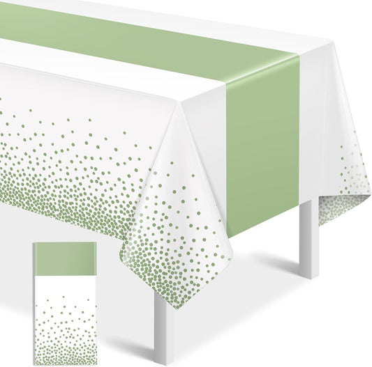 1Pcs White and Sage Green Tablecloth Decorations,Plastic White Table Cloth Printed Green Table Runner Disposable Rectangle Tables Cover for Birthday Wedding Anniversary Graduation Party,54 x108 Inch