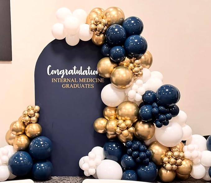 Navy Blue and Gold Balloons Arch Kit, 162pcs Different Sizes with Navy Blue White Chrome Gold Confetti Balloons for Graduation 2025 Anniversary Baby Shower Birthday Party Decorations