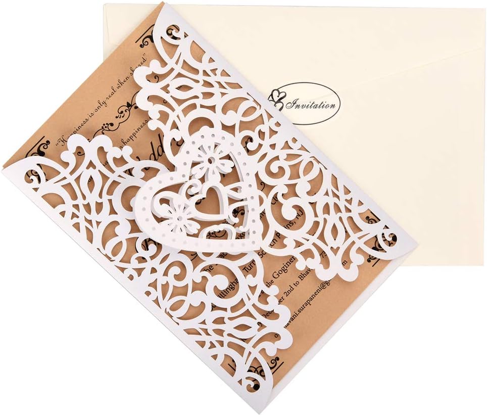 FOMTOR White Laser Cut Wedding Invitations Kits 50 Packs Laser Cut Wedding Invitations with Blank Printable Cards and Envelopes for Wedding,Birthday Parties,Baby Shower