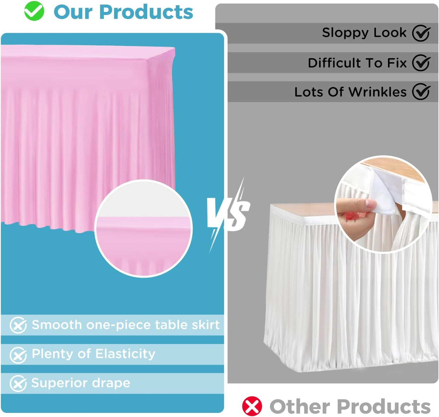 Table Skirts for 8ft Rectangle Tables - 1PCS Pink Table Covers for 8 Foot Tables, Wrinkle Resistant Ruffles Elastic Table Cloths and Table Skirt for Banquets/Weddings/Parties/Birthday