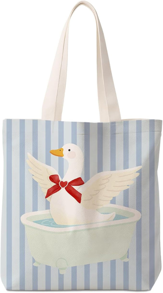 Coquette Red Bow Goose Tote Bag for Women,Funny Wash Goose Canvas Tote Bag,Gifts for Goose Lovers,Blue Striped Aesthetic Reusable Shopping Grocery Bags Party Favors