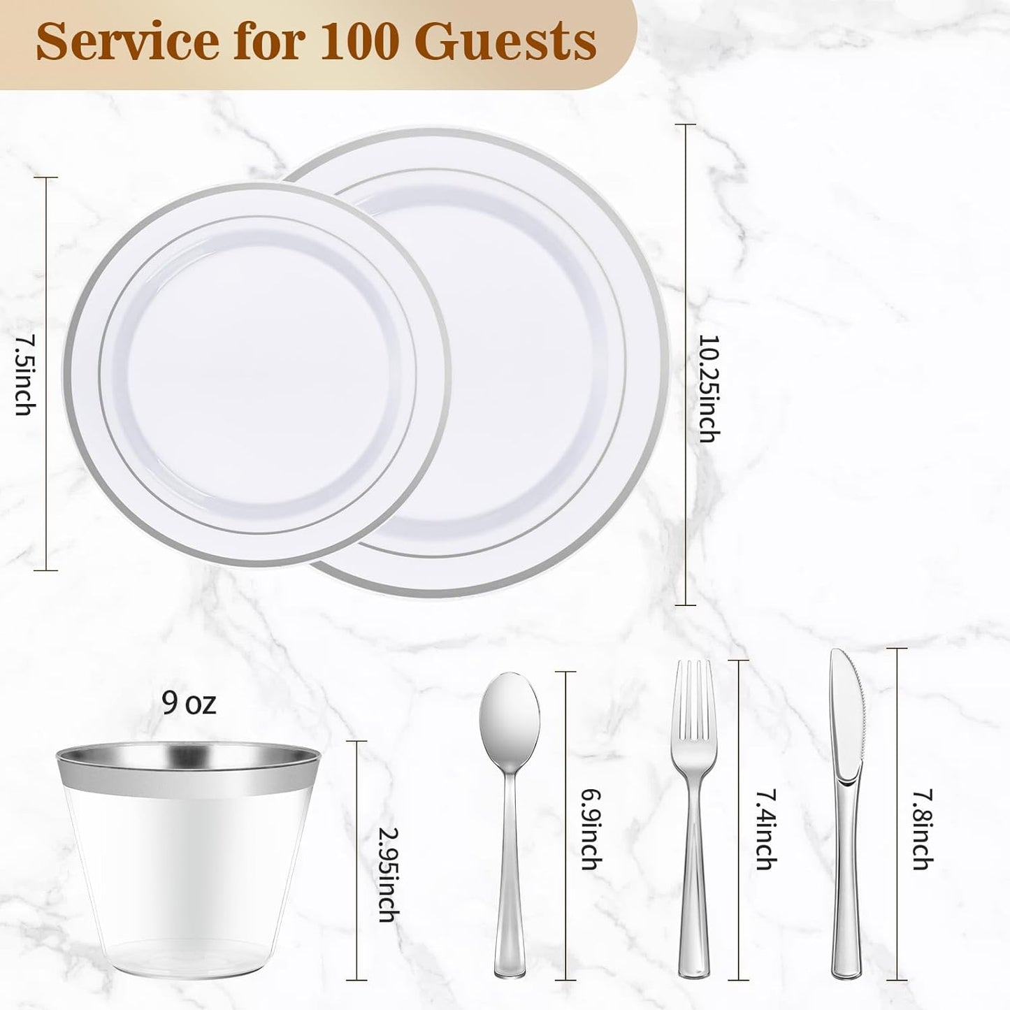 BESTVIP 700 PCS Silver Dinnerware Set for 100 Guests, Plastic Dinnerware Set for Party, Wedding, Christmas, Halloween, Include: 200 Plastic Plates, 100 Silver Silverware, 100 Cups, 100 Paper Napkins