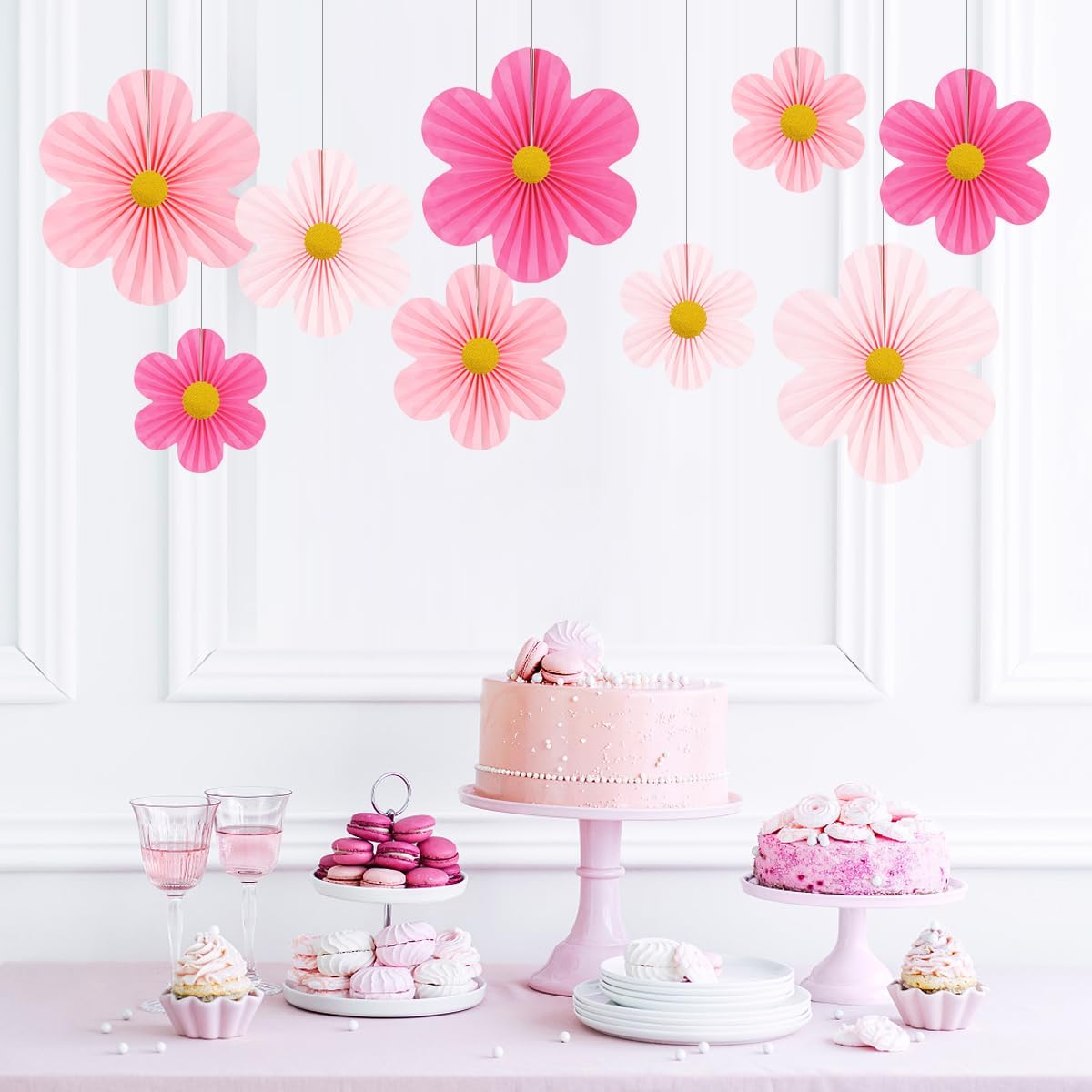 Pink Party Decorations Paper Flowers Decorations for Wall Classroom Paper Fans Floral Backdrop Flower Wall Decor Pack of 9 Pink