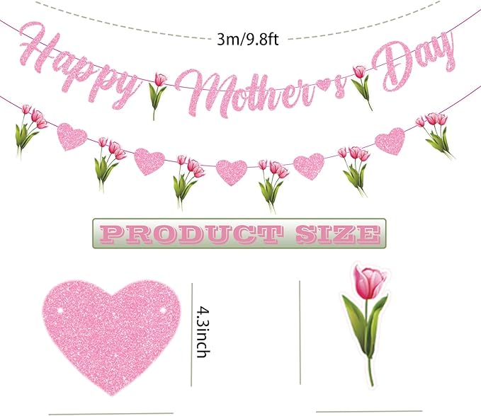 Happy Mother's Day Banner Set Decoration for Mother's Day Party Decorations Backdrop Garland for Mom Mother's Day Glitter Garland Photo Props (flower)