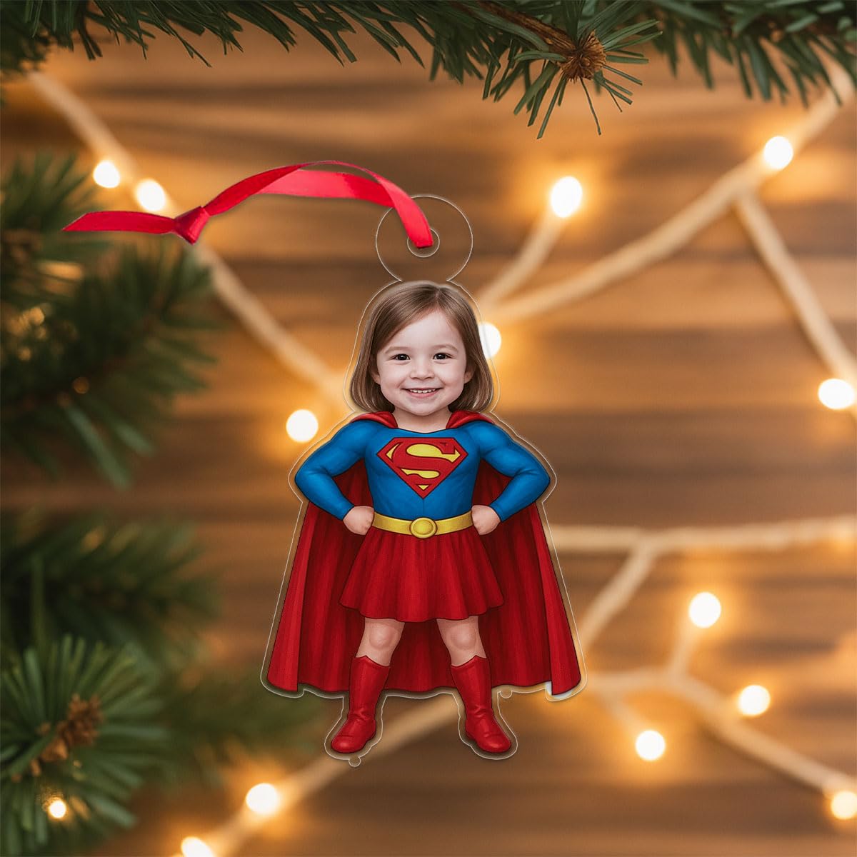 Custom Photo Baby Girl Superman Ornament, Personalized Superhero Christmas Ornament, Baby’s First Christmas Gift Acrylic Ornament – Personalized Christmas Tree Decoration, Custom