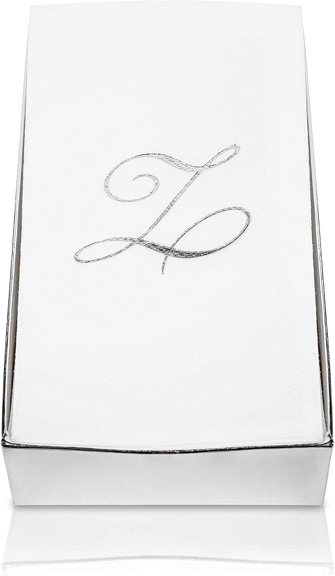 AMERICAN HOMESTEAD Disposable Hand Towels - Silver Foil Monogrammed Guest Napkins - Linen-Like Bathroom Paper Towels for Guests - Perfect Wedding and Party Napkins - 50 Count (Silver M)