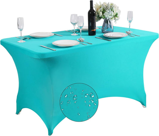 SuperO Waterproof Spandex Table Cover for 4FT Table Universal Fitted Stretch Tablecloth for Party, Banquet, Wedding and Events-Turquoise