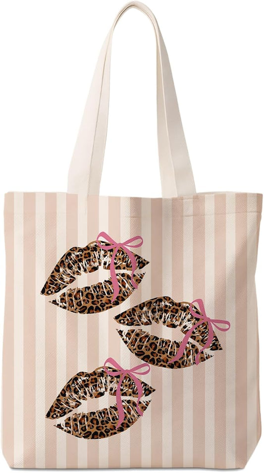 Coquette Pink Bow Leopard Lip Tote Bag for Women,Trendy Cheetah Print Canvas Tote Bag for Girls,Girly Leopard Lip Print Aesthetic Reusable Shopping Grocery Bags Party Favors