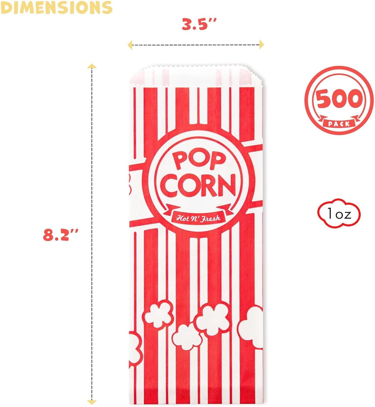 Popcorn Bags - 500-Pack of 1 oz Individual Servings - Leakproof Bottom, Holds 4 Cups of Popped Kernels - Classic Red and White Stripes, for Movie Night, Carnival, Party, Theater, and Snack Bars