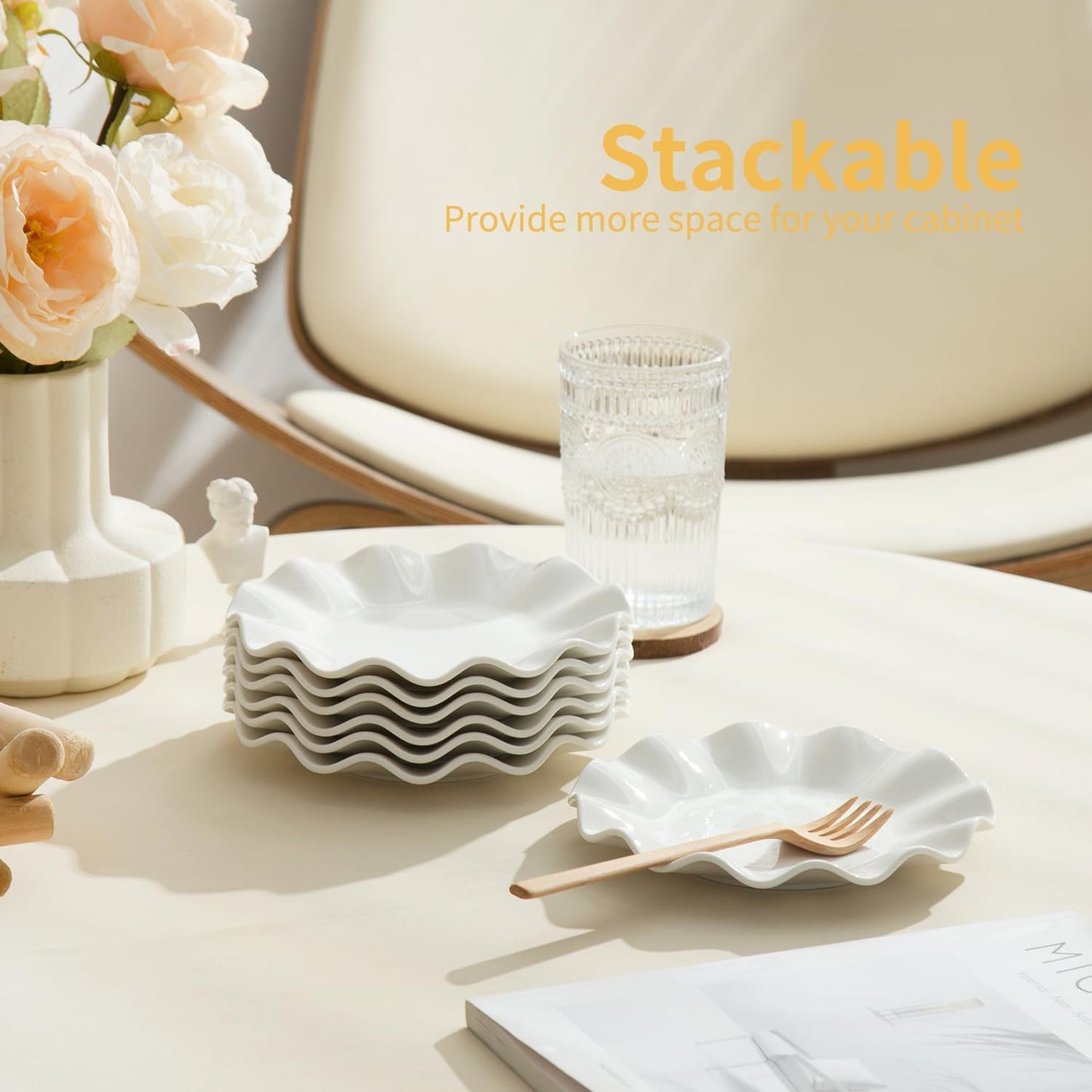 7 Inch White Dessert Plates Set of 12, Ceramic Appetizer Plate Wave Dinnerware Set, Small Dinner Plates for Snacks, Side Dishes, Fruit, Salad, Microwave Oven and Dishwasher Safe