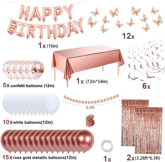 Rose Gold Happy Birthday Party Decorations for Women, Happy Birthday Banner for Her, Fringe Curtains, Foil Tablecloth, Confetti Balloons, Butterfly Decor for 18th 21st 30th 40th 50th
