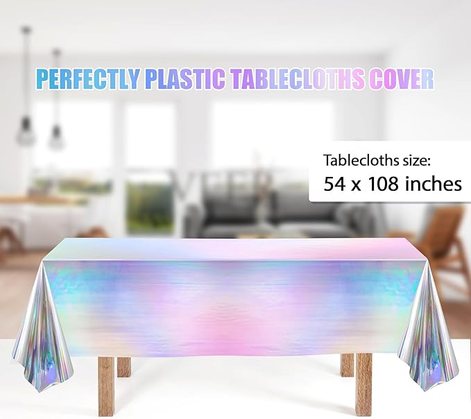 Iridescent Party Decorations,132 Pcs Disposable Iridescent Party Plates Cups Knives Spoons Forks for Party Supplies Birthday Wedding Outdoor Picnic,Disposable Plastic Tablecloths for Home Dinner Decor