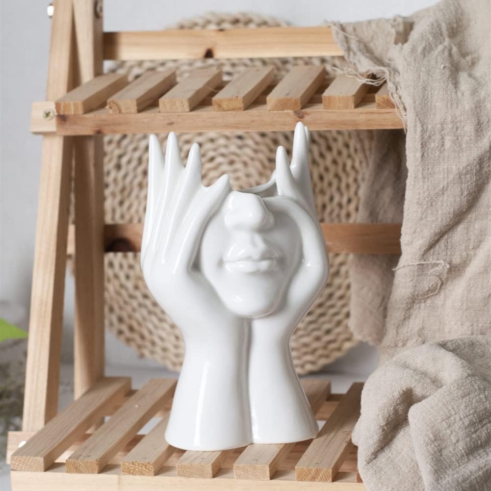 White Ceramic Face Vase, Female Form Head Half Body Bust Vases Boho Feminist Minimalism Decorative Modern Nordic Style Flower Vase for Home Living Room Office Book Shelf Decor (Medium)