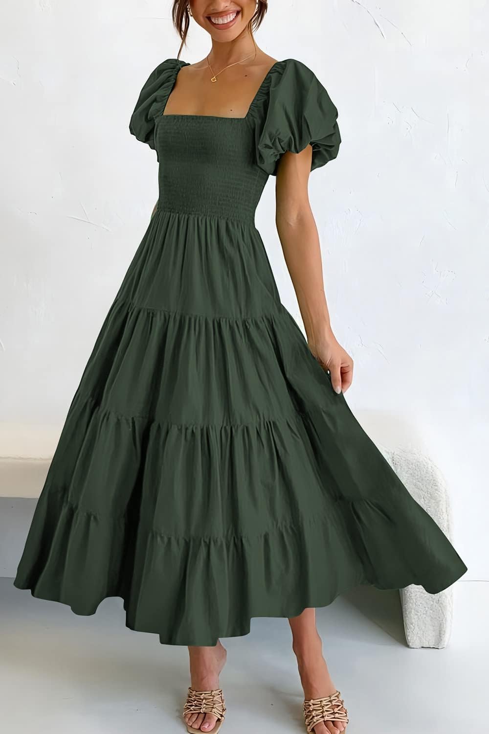 PRETTYGARDEN Women's Casual Summer Midi Dress Puffy Short Sleeve Square Neck Smocked Tiered Ruffle Dresses