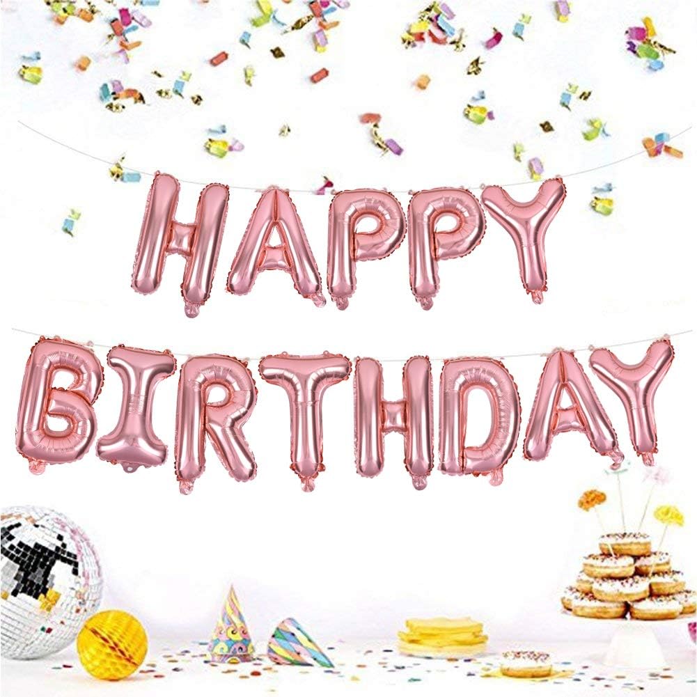 TONIFUL Rose Gold Happy Birthday Balloons Banner, 16 Inch Mylar Foil Letters Birthday Sign Banner Ballon Bunting Reusable for Girls Boys Kids & Adults Birthday Decorations and Party Supplies