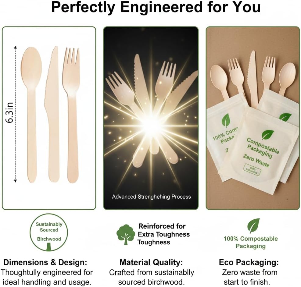 (150 Count) Disposable Wooden Cutlery Set - Alternative to Plastic, Eco Friendly, Biodegradable, Compostable Cutlery Set - 50 Wood Spoons, 50 Wooden Knives & 50 Wooden Forks Disposable Utensils Set