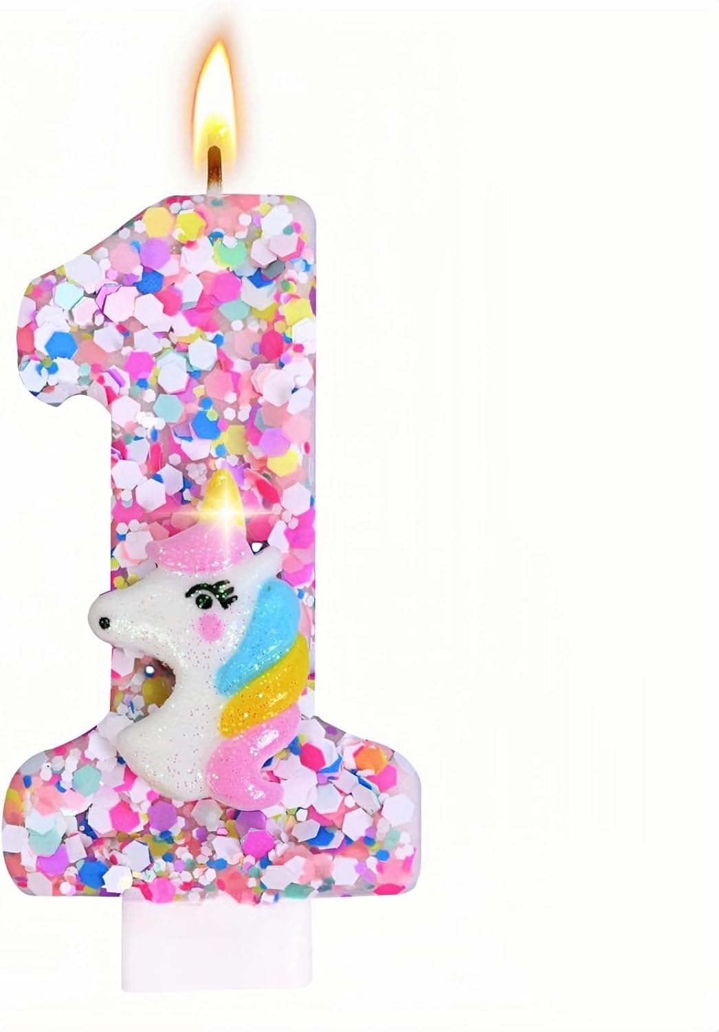 Unicorn Number Birthday Candles Decoration, Unicorn Themed Birthday Party Supplies, Glitter Sequin Birthday Cake Topper for Boy Girl Kids (Number 1)