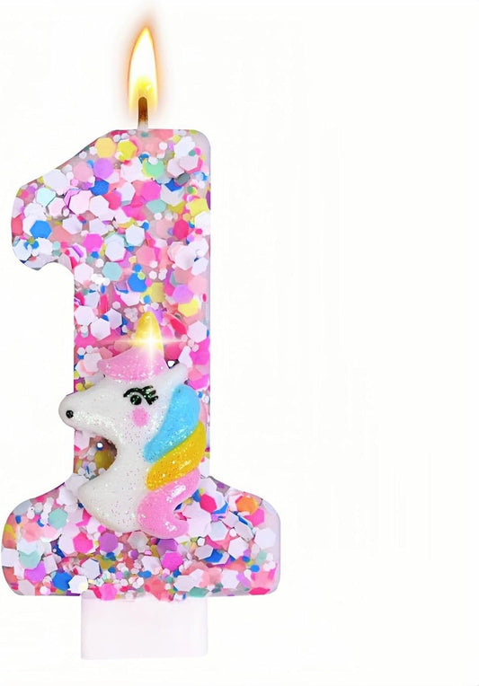 Unicorn Number Birthday Candles Decoration, Unicorn Themed Birthday Party Supplies, Glitter Sequin Birthday Cake Topper for Boy Girl Kids (Number 1)