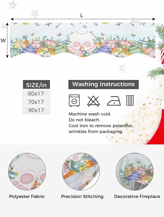 Cute Easter Bunny Fireplace Mantel Scarf Table Runner, Eucalyptus Leaves Colorful Eggs Teal Winter Garland Mantel Top Tablerunners Dresser Scarves Cover for Windows Party Living Room 60''x17''