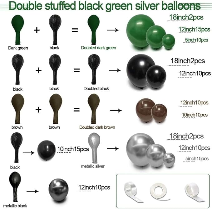 Black Green Balloon Arch Double Stuffed Latex Dark Green Brown Silver Balloon Garland for Camo Birthday New Year Hunting Jungle Boy Baby Shower Anniversary Prom Praty Decor