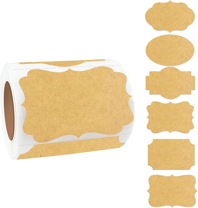 Yeachlaing Kraft Labels Stickers, 250 PCS 3" x 2" Fancy Shape Stickers Labels for Storage Box or Food Jars Holiday Present Stickers Christmas Gift Tags Stickers