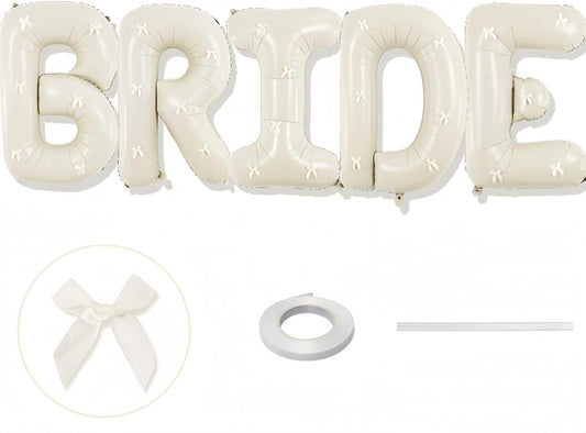 40Inch Beige BRIDE Balloons Bachelorette with Cream Bows, Giant Sand White BRIDE Mylar Foil Letter Balloon, Bride To Be Banner Sign for Bridal Shower Engagement Wedding Photo Booth Party Decorations