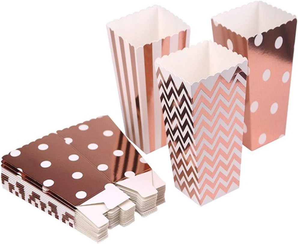Tvoip 36Pcs Gold/Silver/Rose Gold Foil Popcorn Treat Box Christmas Wedding Decoration Party Favor Supply Candy Gift Popcorn Bags (Rose Gold)
