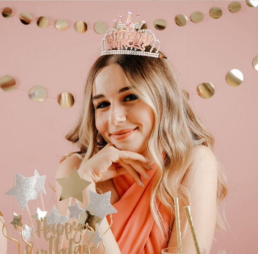 Wecoe Birthday Crown Rose Gold Princess Rhinestone Tiara with Combs Happy Birthday Party Favors Pink Decorations 16th 18th 21st 25th Gifts for Her