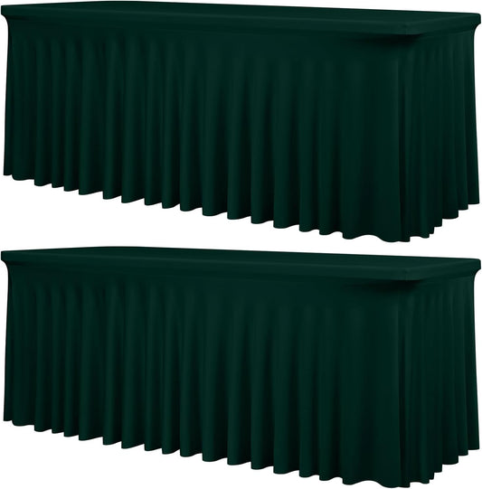 2 Packs Emerald Green Stretch Table Skirts for 6 Foot Rectangle Table, Washable Spandex Stretch Tablecloths with Skirt, Wrinkle Resistant Fitted Tablecover for Wedding Party Banquet