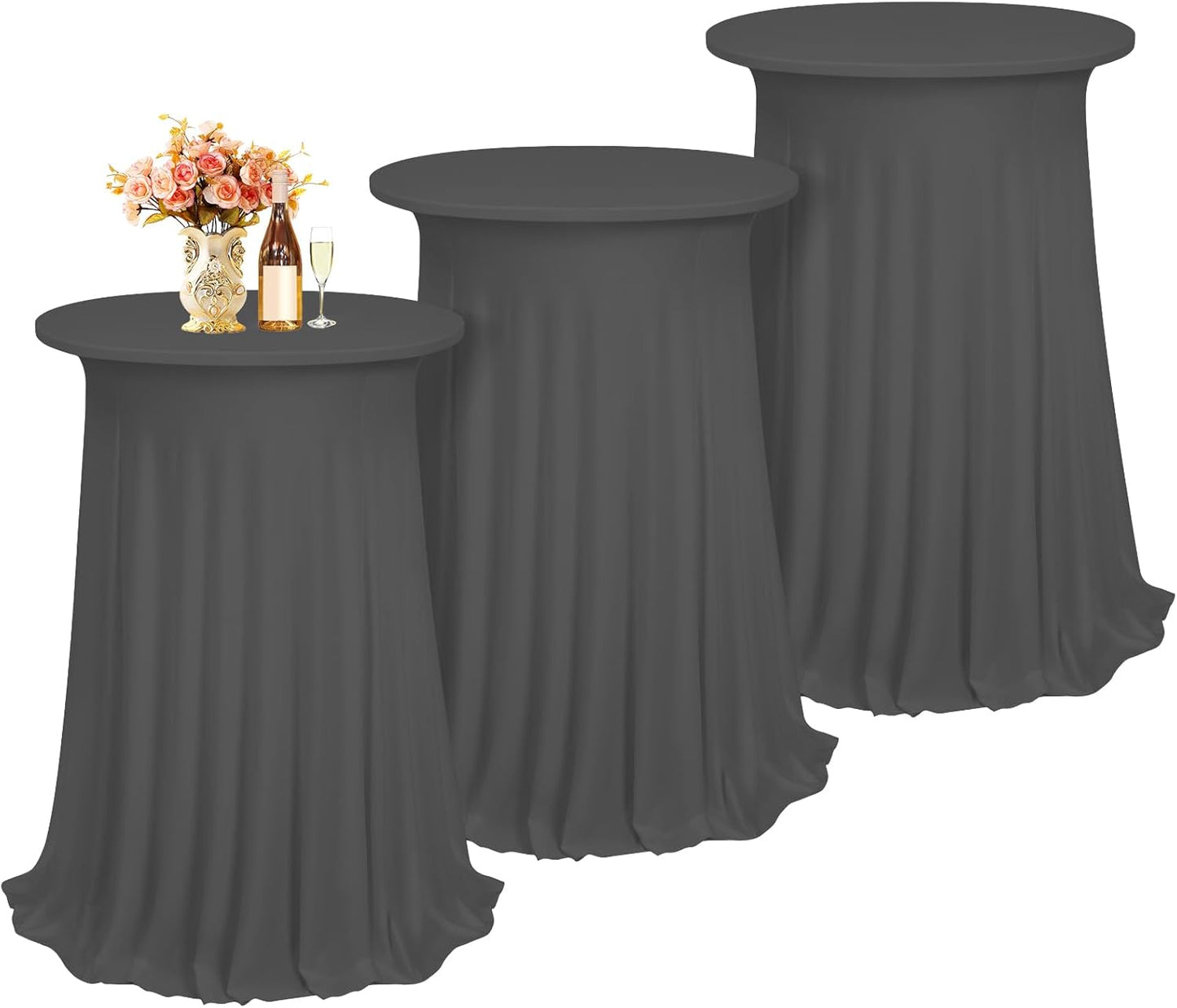 3 Pack Round Bar Table Cloths, Grey Spandex Table Covers 32"x 43", High Top with Wavy Drapes for Party Wedding Banquet