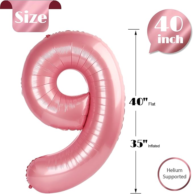 Pearlescent Pink 9 Balloon, Number Balloons 40 Inch, 9th Giant Birthday Decorations for Girls, 19th 29th Party Decorations Supplies, Number 9 Balloon