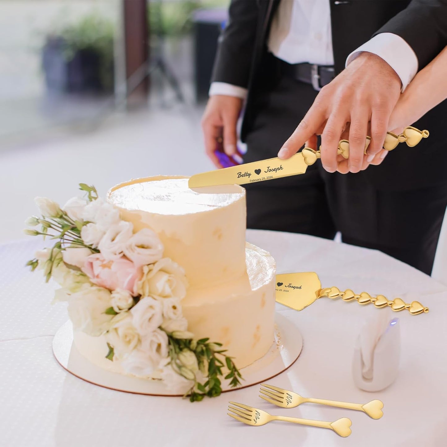 Personalized Wedding Cake Knife and Server Set Engraved Gold Cake Cutter Server Forks Custom Cake Cutting Set for Wedding Anniversary Engagement Birthday Gifts