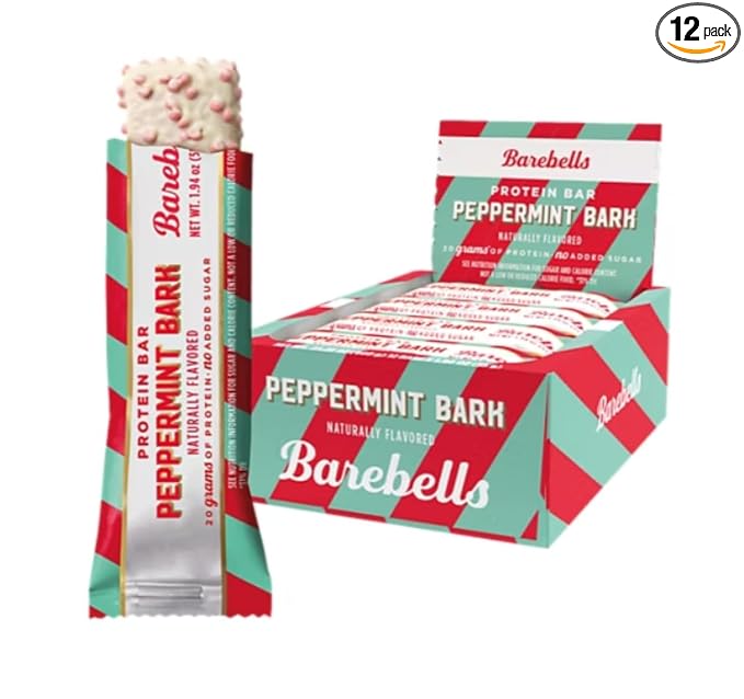 Barebells Protein Bars Peppermint Bark - 12 Count, 20g Protein, Creamy Vanilla Nougat with 1g Sugar, White Chocolate Coated Snack for Breakfast or Post-Workout