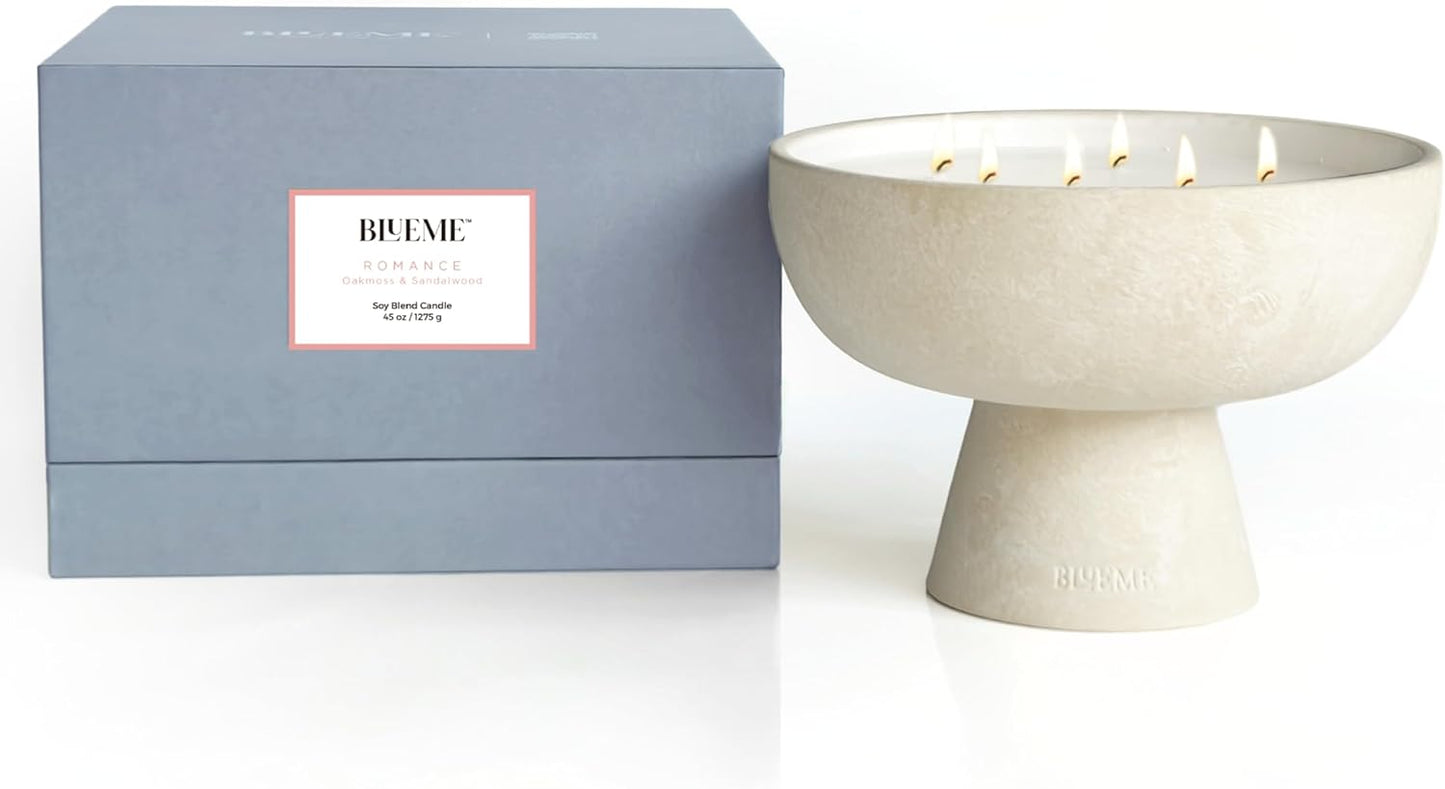 BLUEME Romance - Oakmoss & Sandalwood, Luxury Candle w/Essential Oils, 6 Wick, Hand-Poured Soy, Cotton Wick, Ceramic