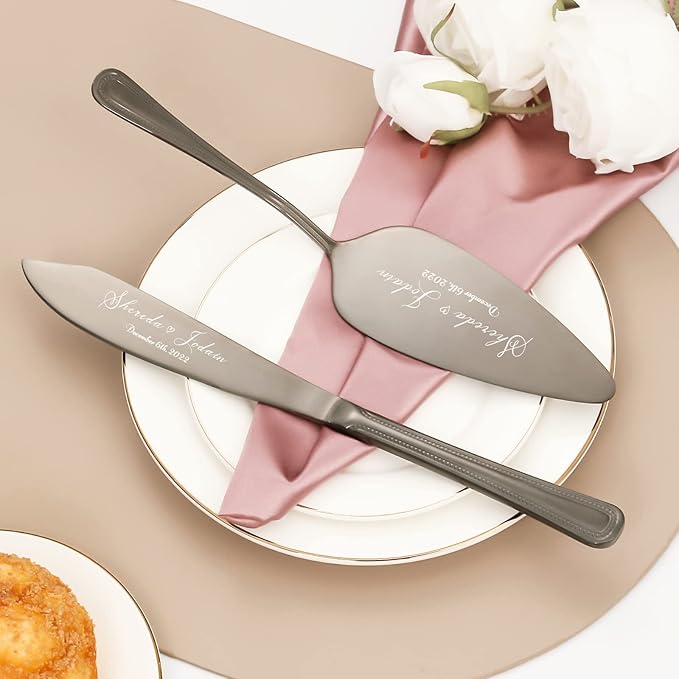 Cake Cutting Set for Wedding, Personalized Wedding Cake Knife and Server Set, Vintage Engraved 2-Piece Pie Pizza Cutter Serving Set, Custom Bridal Anniversary Birthday Quinceañera Gift(Black)