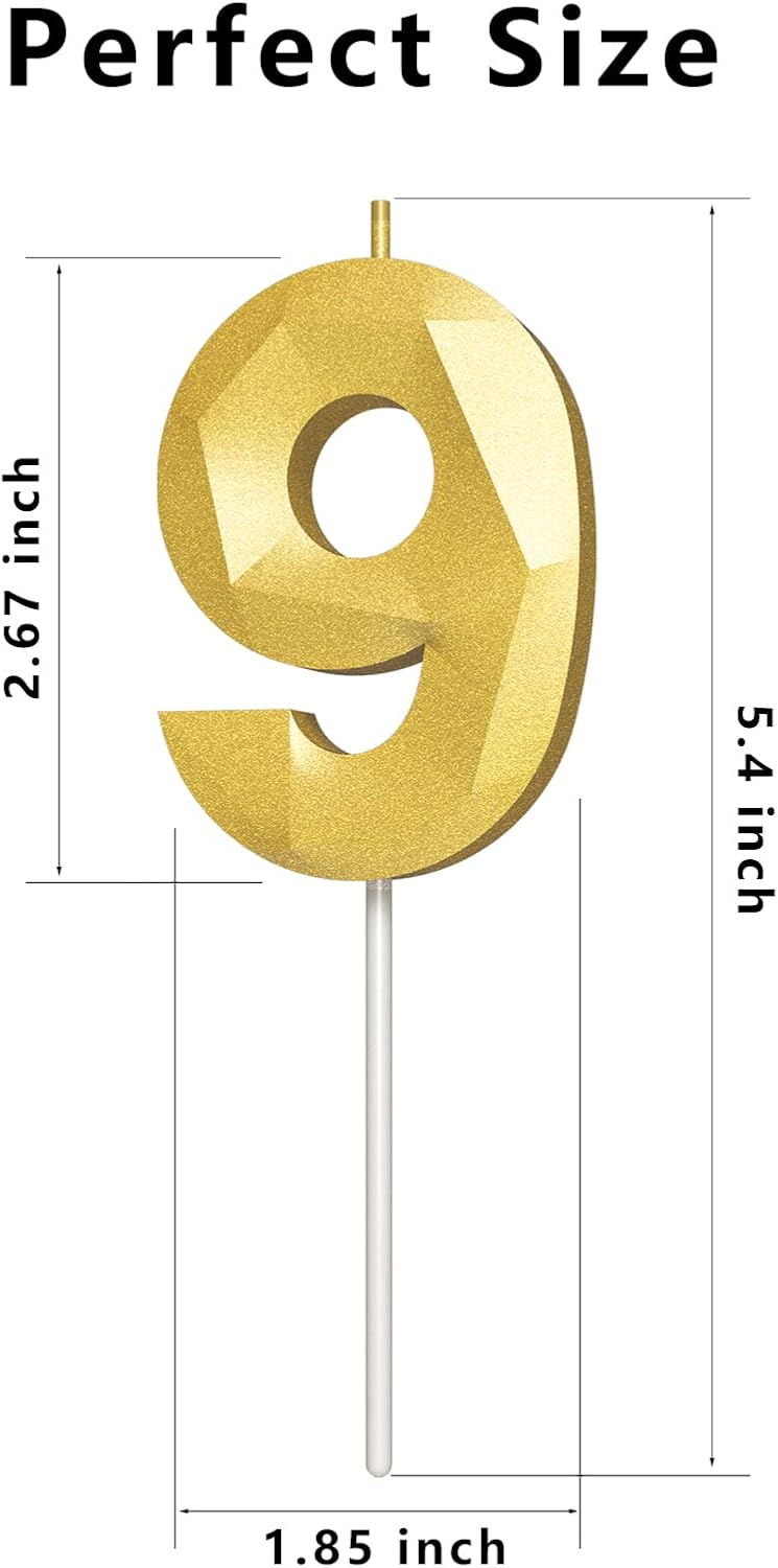 Number Birthday Candles(9 Candle Gold) 3D Diamond Shape Number Happy Birthday Cake Candles for Birthday Party Wedding Decoration Reunions Theme Party