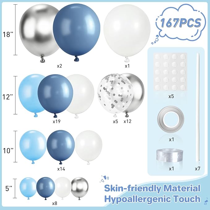 Dusty Blue White Silver Balloon Garland Arch Kit, 167Pcs Latex Balloons Different Sizes 15 12 10 5 inch for Baby Shower Gender Reveal Birthday Engagement Party Decorations