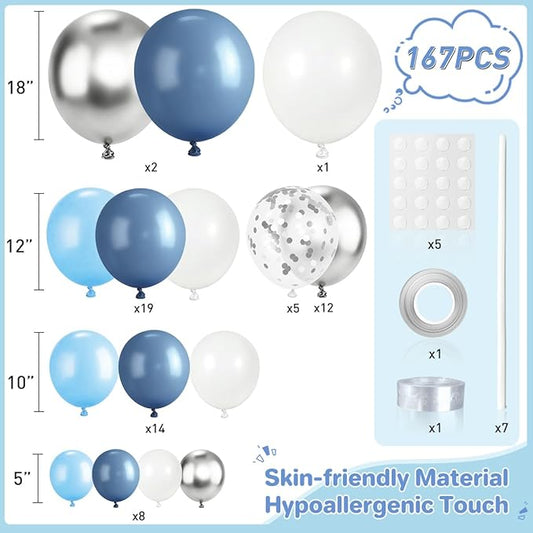 Dusty Blue White Silver Balloon Garland Arch Kit, 167Pcs Latex Balloons Different Sizes 15 12 10 5 inch for Baby Shower Gender Reveal Birthday Engagement Party Decorations