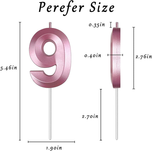 Pink Number 9 Candles, 3D Diamond 2.76 Inch Cake Topper Birthday Candles for Wedding Anniversary Cake Decorations, Happy Birthday Party Decorations