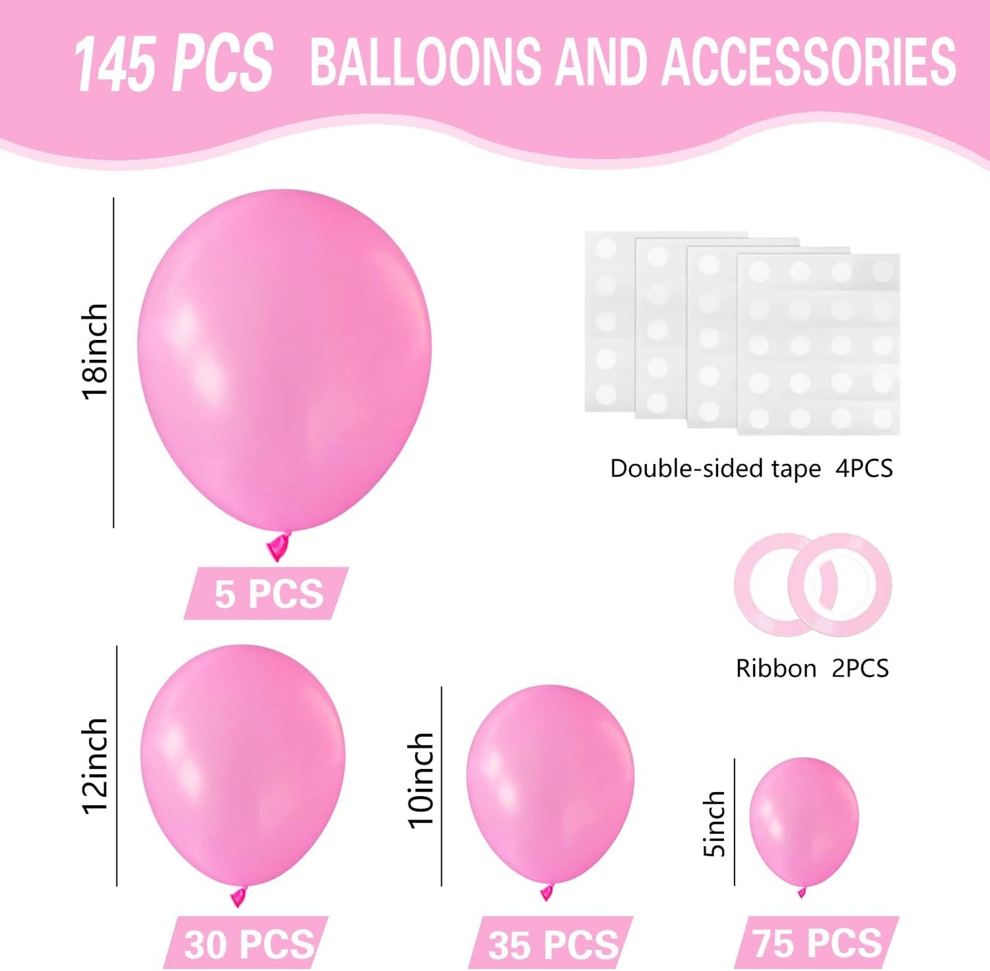 Pink Balloons 145pcs Different Sizes 5in 10in 12in 18in Pink Round Latex Balloon Helium Arch Kit Garland for Wedding Valentines Day Baby Shower Birthday Party Decoration