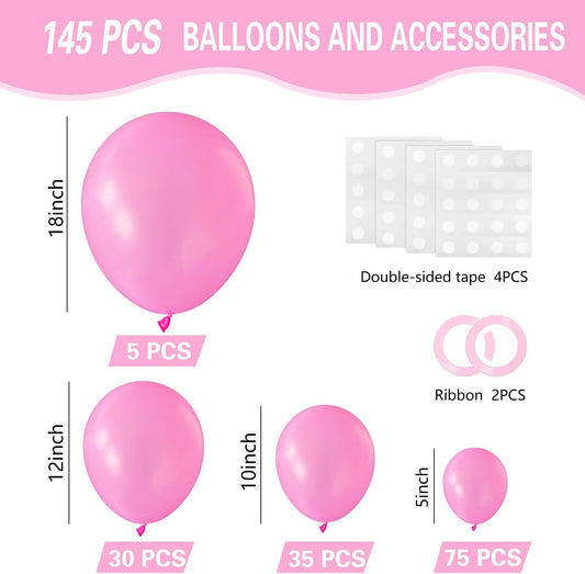 Pink Balloons 145pcs Different Sizes 5in 10in 12in 18in Pink Round Latex Balloon Helium Arch Kit Garland for Wedding Valentines Day Baby Shower Birthday Party Decoration
